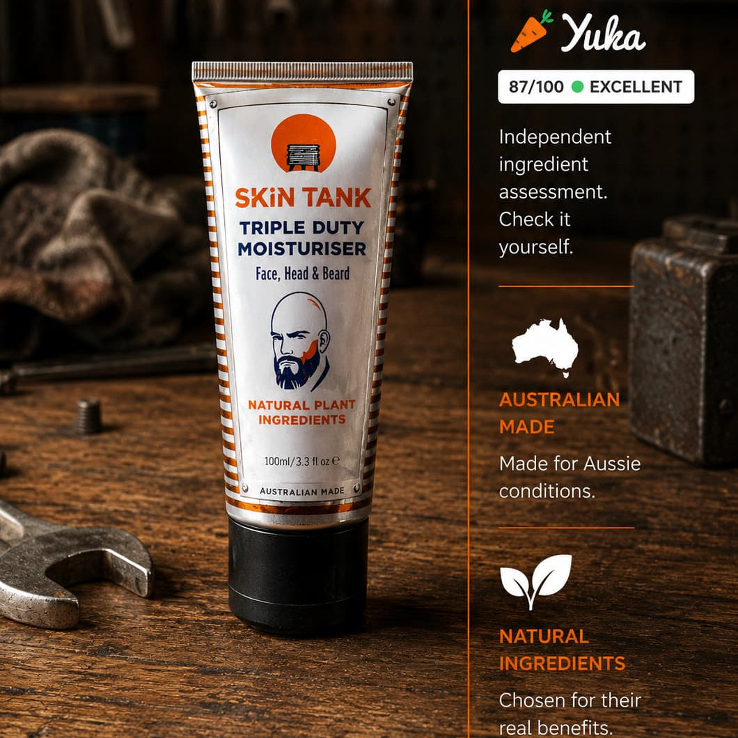 Skin Tank Triple Duty Moisturiser rated 87/100 Excellent by Yuka – Australian made men's moisturiser with natural plant ingredients