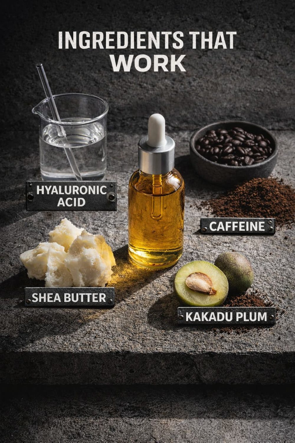 Skin Tank Triple Duty Moisturiser key ingredients — hyaluronic acid, shea butter, caffeine and Kakadu plum for deep hydration and skin repair