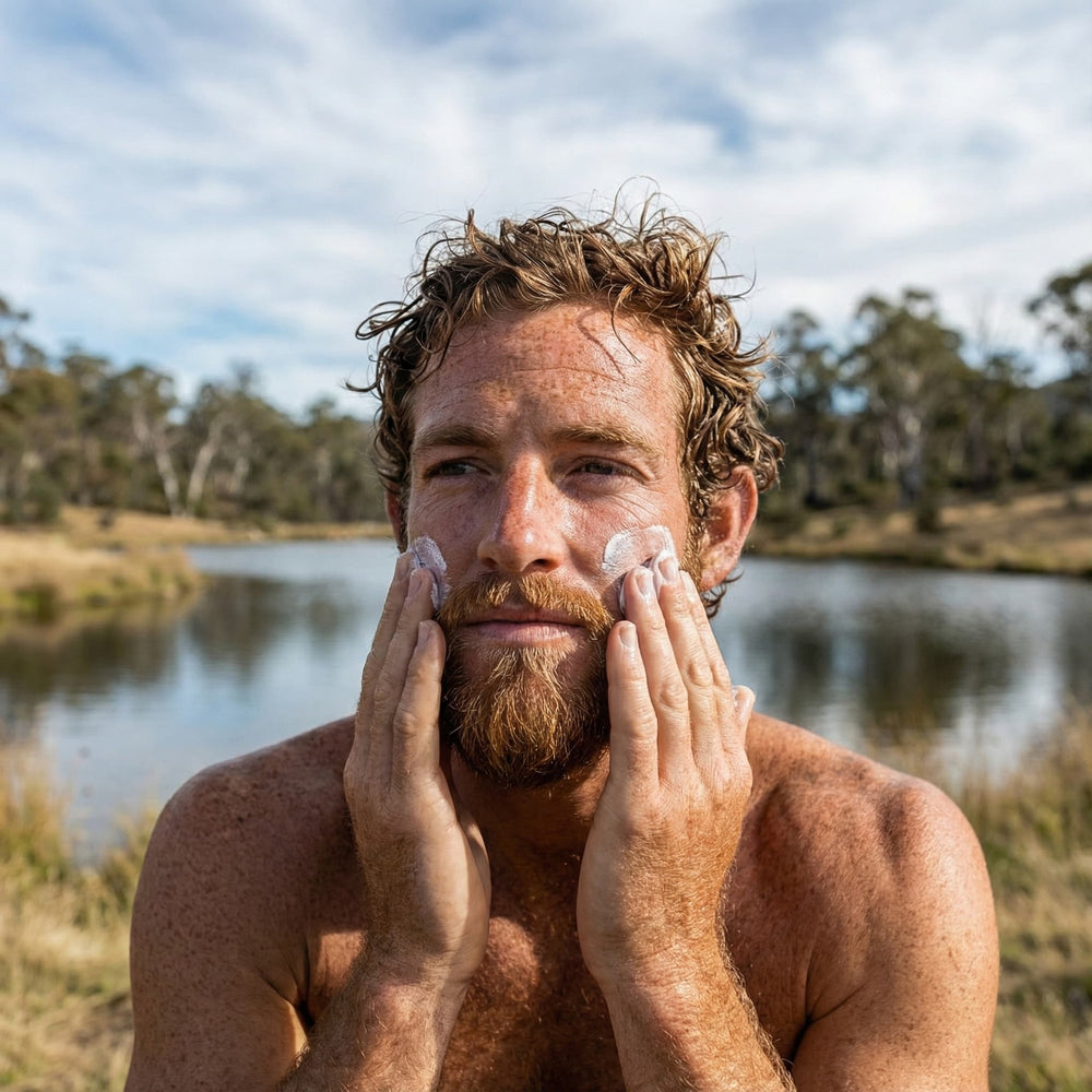 Man applying men's moisturiser to face and beard outdoors in Australia — Skin Tank Triple Duty Moisturiser, no grease, no shine