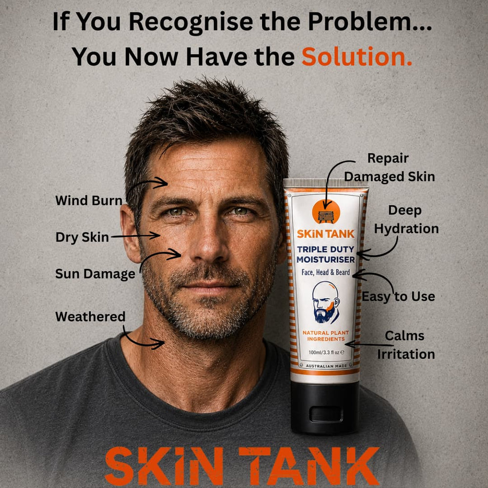 Skin Tank Triple Duty Moisturiser fixes wind burn, dry skin, sun damage and weathered skin – deep hydration and repair for men's faces