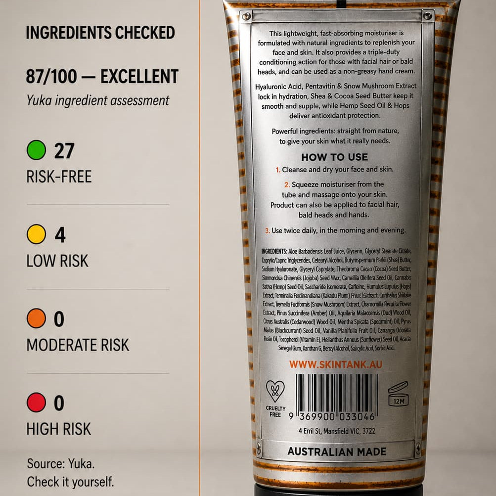 Skin Tank Triple Duty Moisturiser ingredients rated 87/100 Excellent by Yuka – 27 risk-free ingredients, zero moderate or high risk, cruelty free, Australian made
