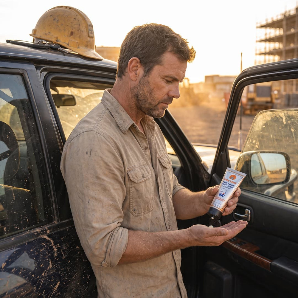 Tradesman applying Skin Tank moisturiser on a worksite outdoors in Australia