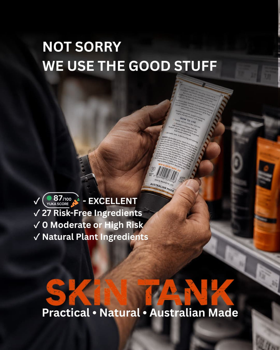 Skin Tank Triple Duty Moisturiser — Yuka score 87/100 Excellent, 27 risk-free ingredients, zero moderate or high risk, natural plant ingredients — Practical, Natural, Australian Made for skin exposed to sun, wind and dry conditions